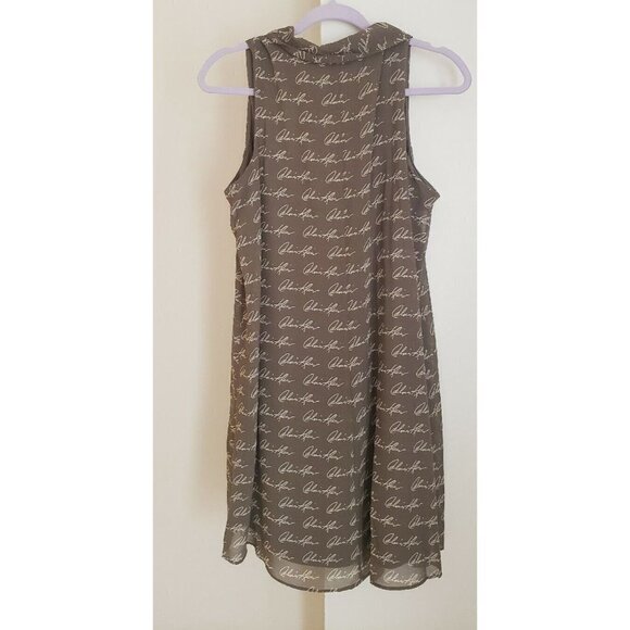 NEW CALVIN KLEIN MONOGRAM LOGO PRINT OLIVE  TAN FRONT BOW MINI DRESS SZ 14 - Picture 4 of 5